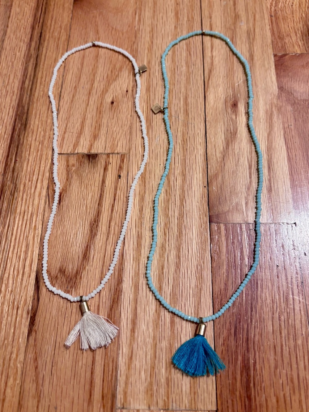 Beaded Tassel Necklace - White and Teal
